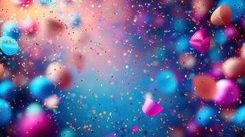 Festive background with confetti and balloons, ideal for celebrating special occasions. photo