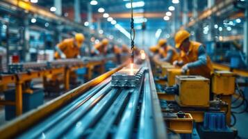 Factory workers in yellow uniforms are seen performing tasks on an industrial production line. photo