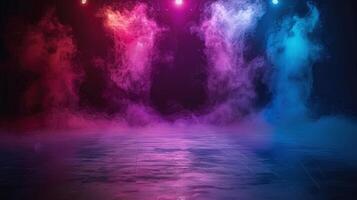 Colorful stage with vibrant smoke and spotlights creates a visually stunning and artistic atmosphere. photo