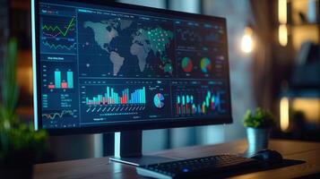 A modern computer monitor showcases data analytics with charts and graphs in a workspace. photo