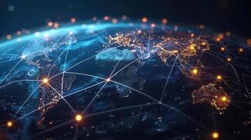 The digital globe illustrates global connections and networks with lines and glowing points. photo