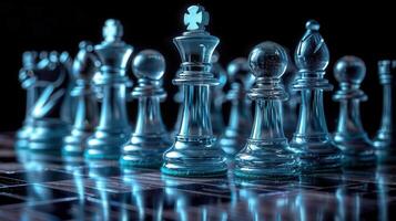 Chess pieces made of glass are beautifully arranged on a board, ready for the next move. photo