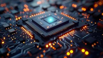 Close-up of a computer's motherboard, showcasing the central processing unit and complex circuitry. photo