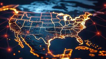 A glowing illustration of the united states, portraying a futuristic technological network. photo