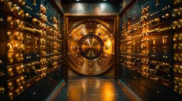 Magnificent golden vault door, the entrance to a secure and valuable area, inside an old building. photo