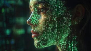 A woman's face is overlaid with binary code, a representation of digital information. photo