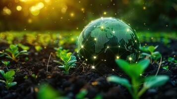 A digital globe sits above a field of young plants, symbolizing sustainable agriculture. photo