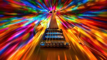 A vivid image of an electric guitar is in the center of a colorful light burst effect. photo