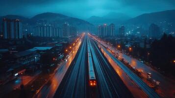 A train travels through the urban landscape at night, city lights reflecting in the distance. photo