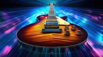 A vibrant electric guitar set against a background of flowing light, digitally rendered. photo