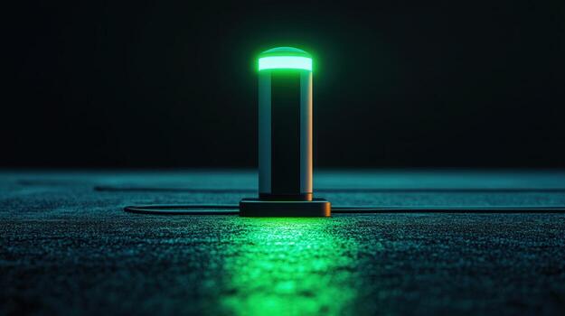 A sleek, glowing green pillar illuminates a dark, reflective surface in a modern studio setting. photo