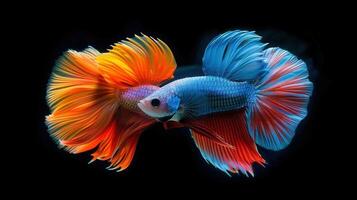 A mesmerizing close-up of two colorful Siamese fighting fish with bright fins against black. photo
