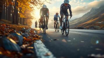 Cyclists in a race riding their road bikes on a beautiful, sunny road with mountains photo