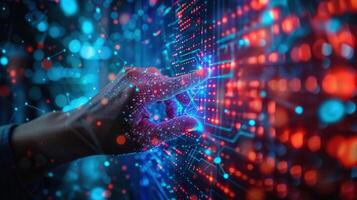 A hand interacting with a digital interface, showcasing a futuristic technology concept. photo