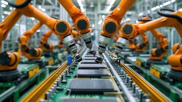 Automated assembly line with robotic arms efficiently working on circuit board production. photo