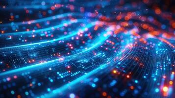Dynamic digital abstract art featuring flowing streams of information illuminated with vibrant light. photo