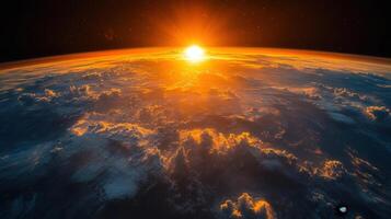 Spectacular view of sunrise illuminating the Earth's atmosphere from the vastness of space. photo