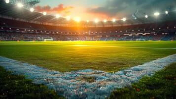 A stunning view of a soccer stadium bathed in the golden light of a beautiful sunset. photo
