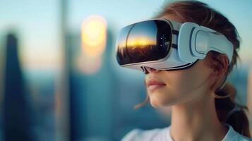 Woman exploring virtual reality with headset, experiencing a digital city scape. photo