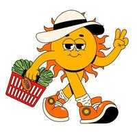 Retro groovy character sun. Funky walking sun in hat with face, hands and legs and shopping basket. Isolated element for store sale, promotion. Flat illustration on white background vector