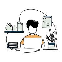 Adult working or studying remotely. Person focused on laptop with books and coffee. Suitable for home office, online courses, or quiet productivity. The setting is comfortable and efficient. vector