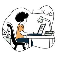 Girl solving math online. Child engages with laptop for homeschooling. Ideal for depicting virtual education or academic success. The scene is studious and bright. vector