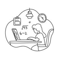 Woman working on laptop at desk with clock and note papers vector