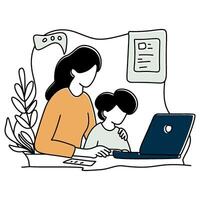 Parent and child co-learning on laptop. Mother helps kid with digital lessons. Great for illustrating family education, support, or collaborative study. The mood is warm and encouraging. vector
