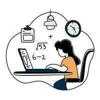 Student in focused study session. Young person at desk with laptop, lamp, and books. Perfect for depicting independent study, homework, or virtual classrooms. The ambiance is dedicated and productive. vector