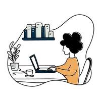 Student online learning at desk. Focused individual at a laptop, books nearby. Perfect for e learning, remote work, or study concepts. The atmosphere is diligent and calm vector