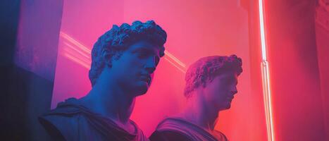 Architectural statues illuminated by neon lights in an urban art setting photo