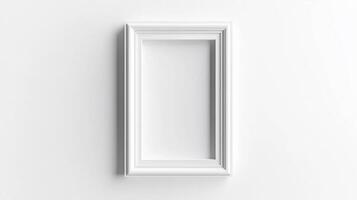 Minimalist white empty rectangular frame on white wall for interior design or art display photo