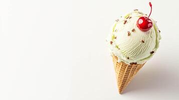 Delicious mint ice cream cone with cherry and chocolate sprinkles on white background photo