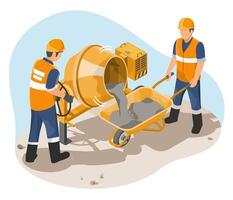 Construction workers mixing and transporting concrete with proper safety gear and equipment according to industrial work standards on site vector