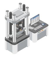 Isometric steel test lab machine connected to a computer for analyzing tensile and compressive strength of metal samples in industrial quality control processes vector