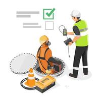 Permit to work process for confined space entry with safety officer inspecting gas levels and approving access for worker vector
