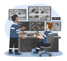Emergency dispatch operators monitoring city traffic and coordinating real-time response from a control room filled with surveillance screens at early morning hours vector