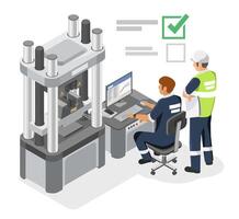 Engineers performing a steel test with industrial press machine while analyzing data for quality assurance and license certification in a high-standard facility vector