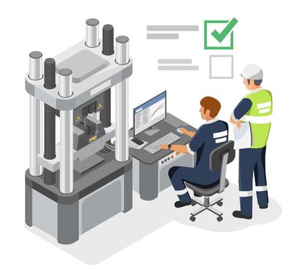 Engineers performing a steel test with industrial press machine while analyzing data for quality assurance and license certification in a high-standard facility