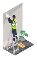 Isometric illustration of a technician installing a security CCTV camera on an indoor wall while standing on ladder with toolbox nearby vector