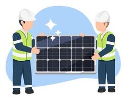 Two engineers in safety uniforms inspecting and selecting a clean high efficiency solar panel before rooftop installation for a renewable energy project cartoon vector