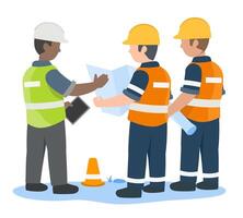 Foreman Team of construction workers discussing project plans on site with safety helmets and vests in flat cartoon style illustration vector