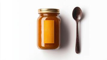 Delicious apricot jam in a glass jar with wooden spoon on white background photo