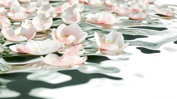 Realistic sakura petals floating on tranquil water surface photo