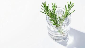 Fresh rosemary sprigs in clear glass with water and ice for culinary and aromatic use photo