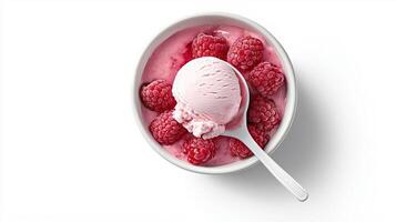 Fresh raspberries with ice cream in ceramic bowl for dessert inspiration photo