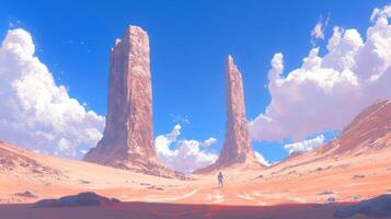 Majestic desert landscape with towering rock formations under a clear blue sky photo