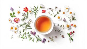 Wildflower herbal tea in a ceramic cup surrounded by colorful blossoms for a calming experience photo