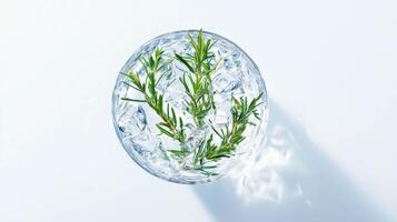 Fresh rosemary sprigs in clear glass with ice for culinary and herbal use photo