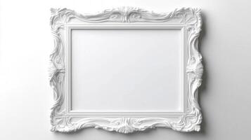 Elegant white ornate frame on minimalist background for art display or interior design photo